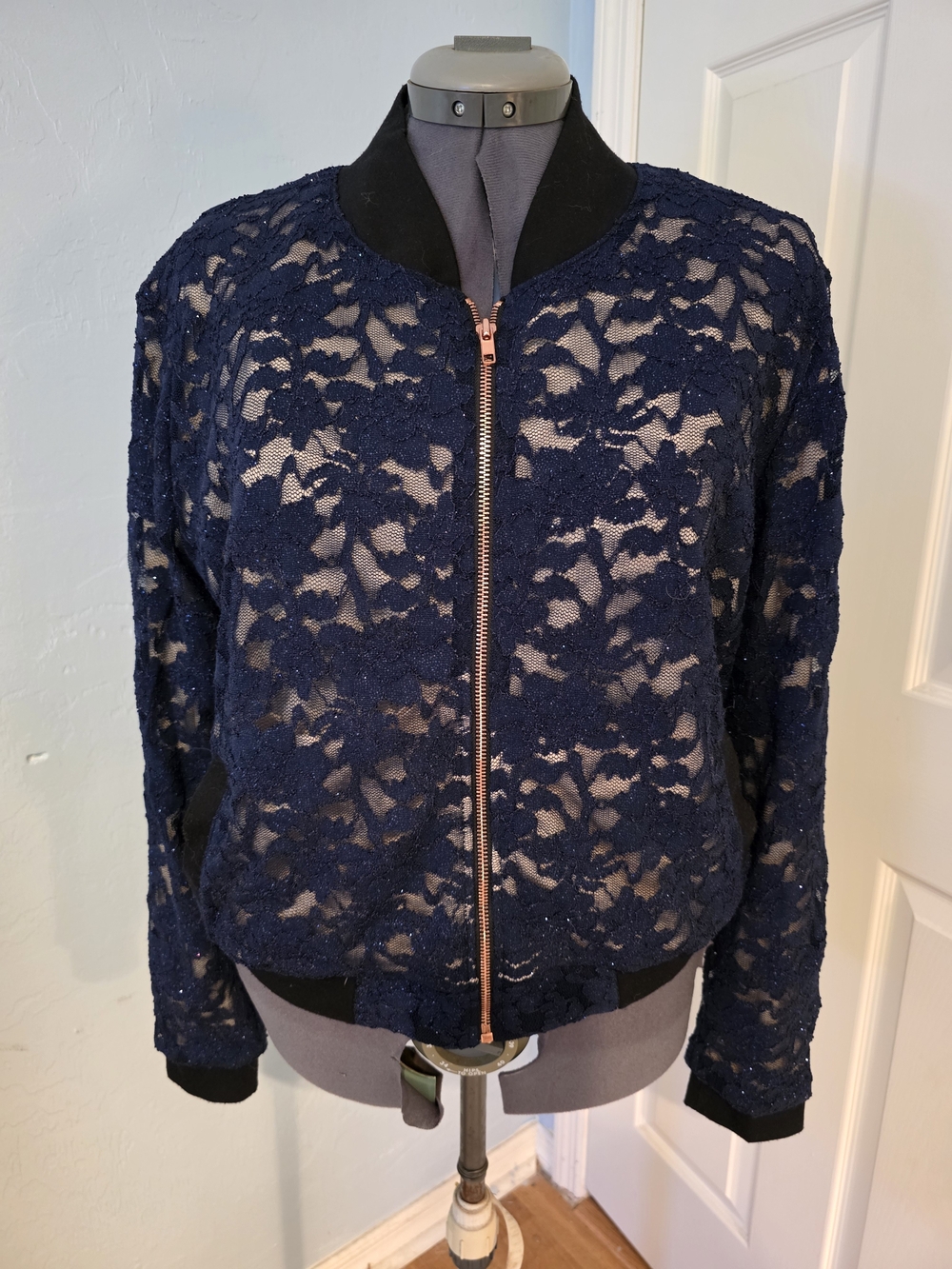LuLaRoe Navy Lace Bomber Jacket with Rose Gold Zipper